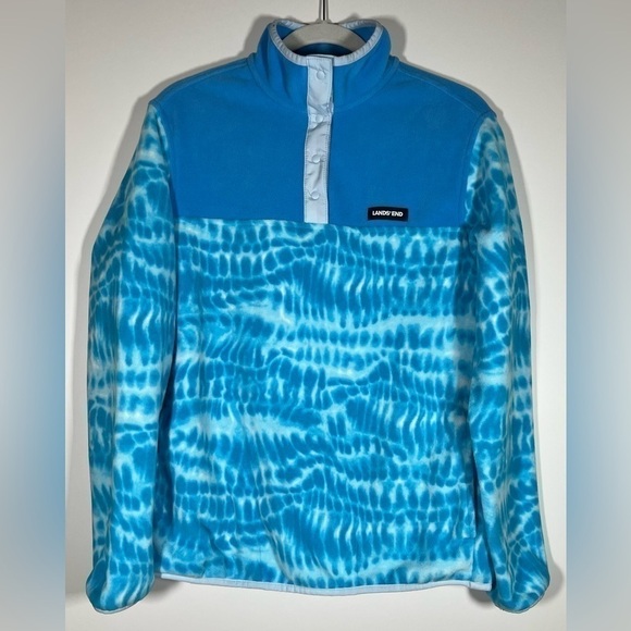 Lands' End Fleece blue tie-dye pullover jacket sz M 10-12 preppy gorpcore - Picture 1 of 9